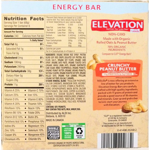 Elevation by Millville Crunchy Peanut Butter Energy Bars 2.4ozx6 Total,14.4oz, Pack of 1