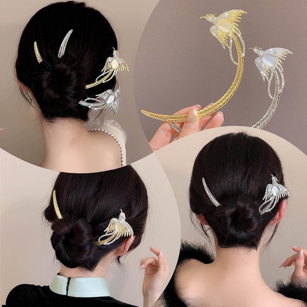 Kriccio Hairpin Hair Stick, Gold & Silver, 2pcs, for Women Girls, Hair Securing, Hairdressing, Crescent Moon Design, Rhinestone Embellishment, Vintage, Cultural Heritage