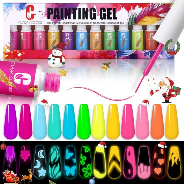 Clara Colors Gel Polish Nail Art Liner Set,12 Colors Glow In The Dark Gel Liner Nail Art Polish Luminous Drawing PaintingThin Nail Art Brush for Swirl Nails Design Soak Off UV Led