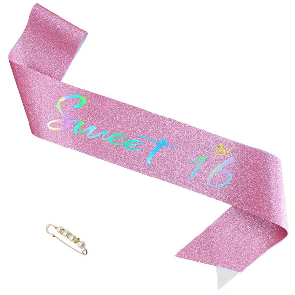 ZHBDPaty 'Sweet 16' Birthday Sash Pink Glitter with Pearl Pin Funny Party Favors Decorations For Girl Women Gift Ideas