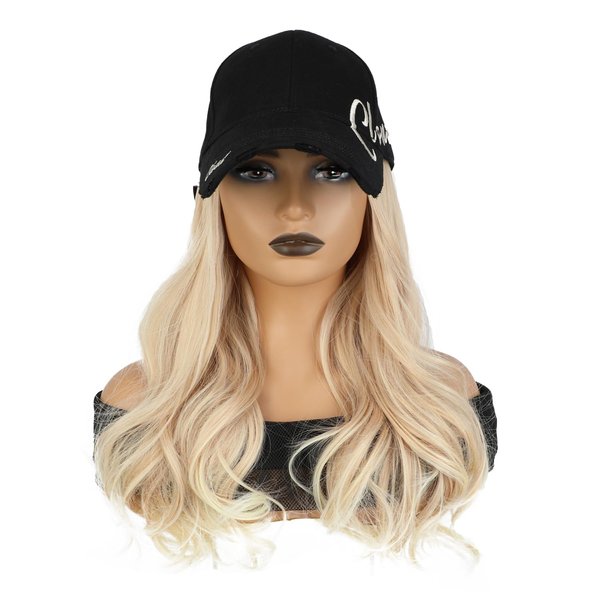 Genevert Hat Wig Baseball Cap with 14" Long Wavy Hair Extensions for Women, Natural Hairstyle, Black Adjustable Cap, Curly Hair