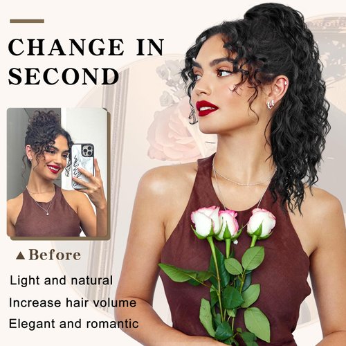 SHNMIN Ponytail Extension,Curly Drawstring Ponytail Extension for Black Women Natural Black Curly Clip in Hair Extensions 18 Inch Synthetic Hairpiece for Daily Party