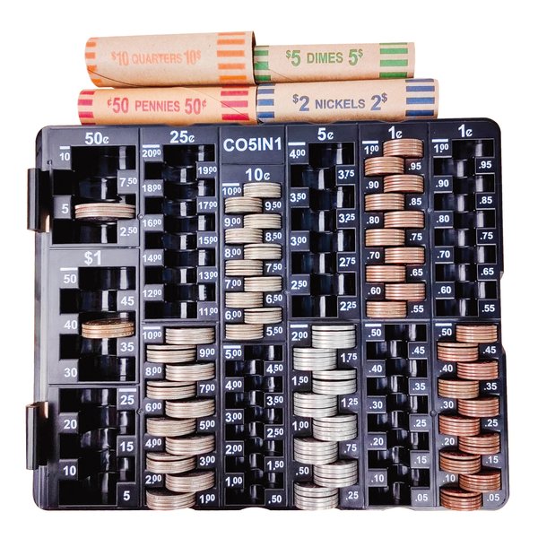 CO5IN1 Coin Sort Tray Coin Counter with Lid for All Coins, Dispenser for Counting, Accurate & Easy to Wrap, Change Sorter Coin Organizer & Holder, Ideal for Bank Teller, Small Business, Home & Office