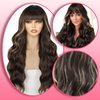 Beaurocks Brown Wigs With Bangs Long Wavy Brown Hightlight Wigs For White Women Blonde Wigs With Bangs Natural Curly Synthetic Wig for Women Daily Party Use 24inch (Brown Mixed Blonde)