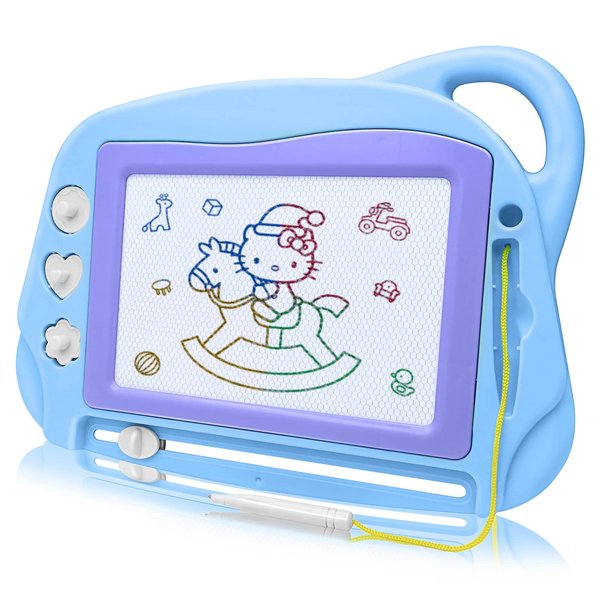 AiTuiTui Magnetic Drawing Board Mini Travel Doodle, Erasable Writing Sketch Colorful Pad Area Educational Learning Toy for Kid/Toddlers/Babies with 3 Stamps and 1 Pen (Sky Blue)