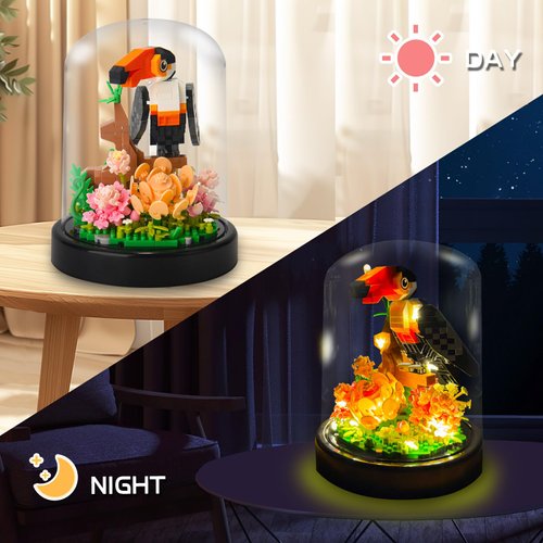 Topdear Flower Parrot Bouquet Building Set with LED String Light and Dust Cover, 660 Pcs Animals Mini Bricks Building Blocks Toy for Kids, Adults, Gift for Mother's Day, Christmas(Black)