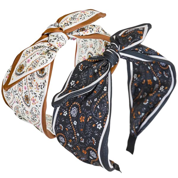 GR GLAMRAY 2 Pack Bow Headbands for Women, Knotted Flower Pattern Headband, Elegant Wide Knot Head Bands for Women's Hair (Black and White)