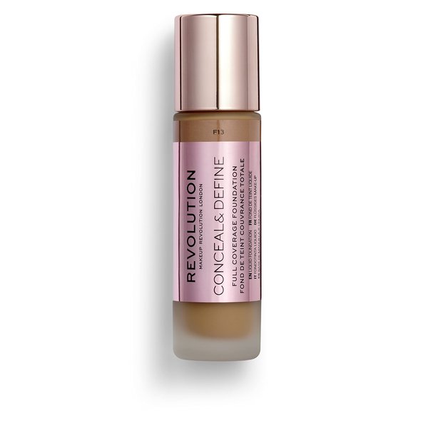 Makeup Revolution Conceal and Define Foundation, Full Coverage & Matte Finish, F14 for Dark Skin Tones, Vegan & Cruelty-Free, 0.7 Fl Oz
