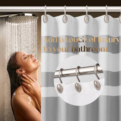 iToplin Brushed Nickel Shower Curtain Hooks, Decorative Shower Curtain Rings, Rust Resistant Metal Shower Hooks for Bathroom, Rust Proof Shower Hooks Hangers for Shower Curtain Rod, Set of 12
