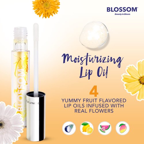 Blossom Moisturizing and Hydrating Shimmer Sparkle Lip Oil with Olive Oil + Grape Seed Oil, Infused with Real Flowers, 3g, Mango