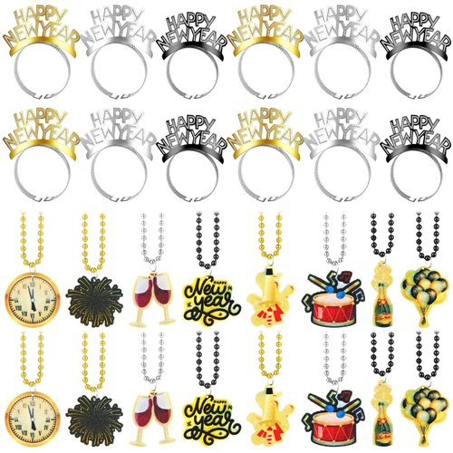 Ecally 96 Pcs 2025 Happy New Year Party Supplies 48 Headband 48 Bead Necklaces Kits Colorful Fireworks Necklaces Bead Tiara Glitter New Year Eve Party Supplies for New Years Party Decorations