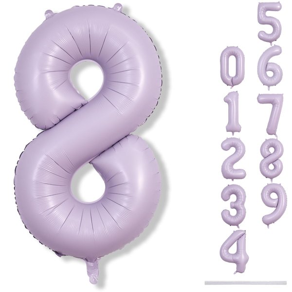 Light Purple Number 8 Balloons, 40 Inch Giant Dusty Pastel Purple Mylar Foil Number 8 Ballon for Girls, Self Inflating 8th Birthday Helium Balloon for Women 8th Anniversary Party Decorations Supplies