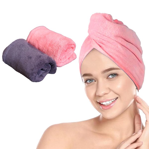 SPEEDBLINK Women Microfiber Hair Towel Wrap | 10 x 25 inch Hair Wrap Towels for Straight, Curly & Long Hairs | 2 Pack Soft & Absorbent Hair Turban Towel (Pink,Grey)