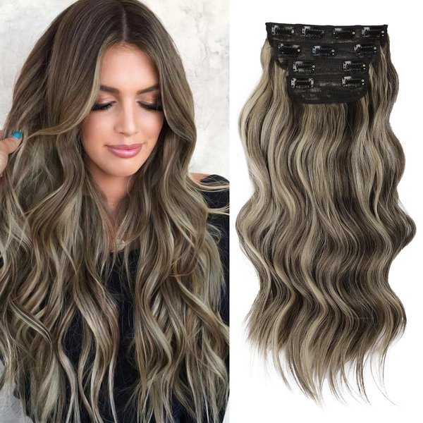 Vigorous Clip in Hair Extensions 20 Inch Walnut Brown Mixed Blonde for Women 4Pcs Synthetic Long Wavy Hair Extensions for Women