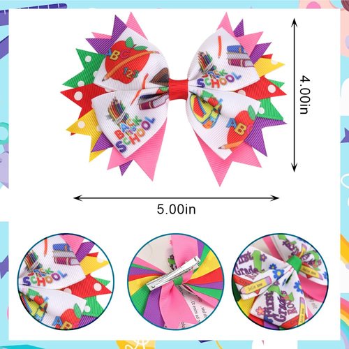 Estivaux 4 PCS Welcome Back to School Hair Bows for Girls, Apple Pencil Hair Clips Purple Pink Grosgrain Ribbon Bows First Day of School Hair Accessories for Girls Kindergarten Party Favor Supplies