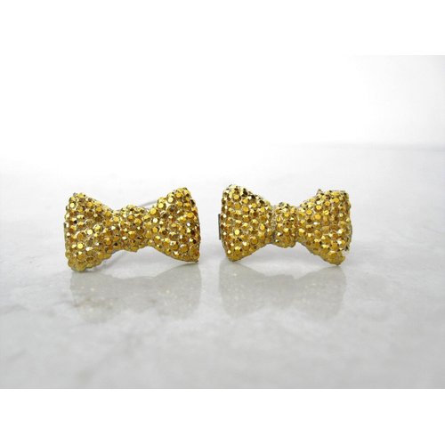 Two small tiny sparkle gold bow crystal hair pin clip barrettes fine hair