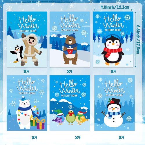 ANGOLIO 24Pcs Hello Winter Activity Coloring Books Including Snow Snowman Polar Bear Penguin DIY Art Drawing Patterns Learn Math Party Favors Christmas Gifts Home Classroom Activity Supplies for Kids
