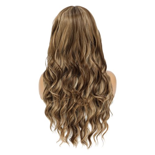 SWACC Long Curly Wavy Wig with Bangs Synthetic Hair Wig for Women with Wig Cap (Brown Blond Highlight)