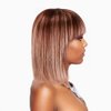 Melanin Manes Short Bob Wig With Bangs 100% Brazilian Human Hair Straight 10 Inch Ombre Brown With Blonde Highlights 4/27 180% Density Glueless Machine Made With Razor Comb With Wig Cap