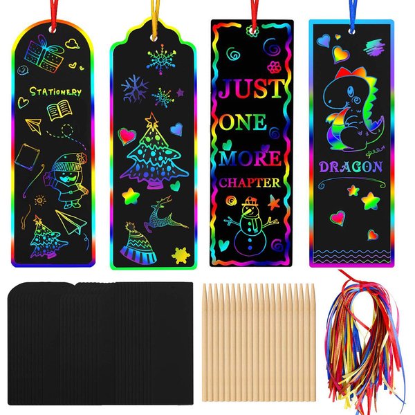 AUGSUN 96 Set Magic Scratch Rainbow Bookmarks Making Kit for Kids Students Christmas Party Favor Scratch Paper DIY Bookmarks Bulk with Bamboo Stylus (Regular)