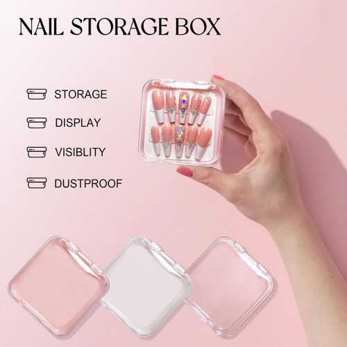 Qsnidy 9Pcs Press On Nail Storage Box in 3 Colors, False Nails Acrylic Display Case with 9Pcs Fake Nails Display Cards and 20Pcs Adhesive Double Sided Tape for Nail Art Home Salon Packaging Use