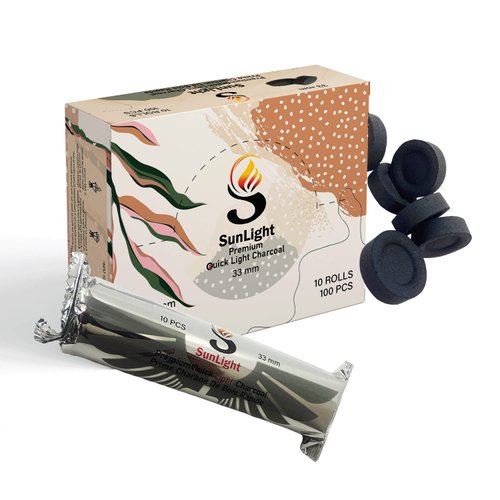 Sunlight Premium Charcoal Tablets for Incense - Instant Light - 100 Charcoal Discs - 33mm - Resin Burner Rolls – Pack of 100 Coal Briquettes – Charcoal Burner - Instant Fire Coal - Premium Tier