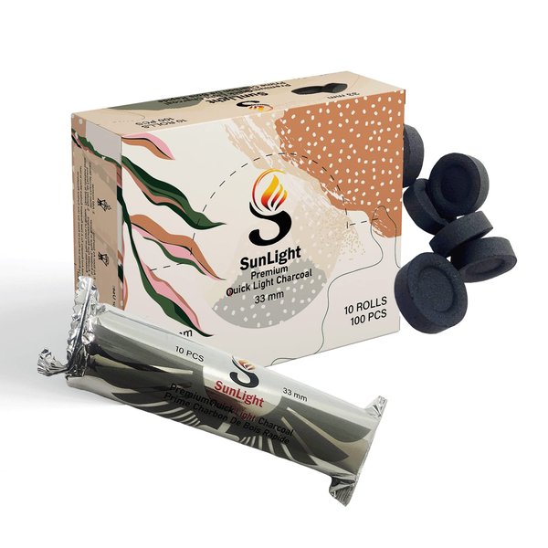 Sunlight Premium Charcoal Tablets for Incense - Instant Light - 100 Charcoal Discs - 33mm - Resin Burner Rolls – Pack of 100 Coal Briquettes – Charcoal Burner - Instant Fire Coal - Premium Tier