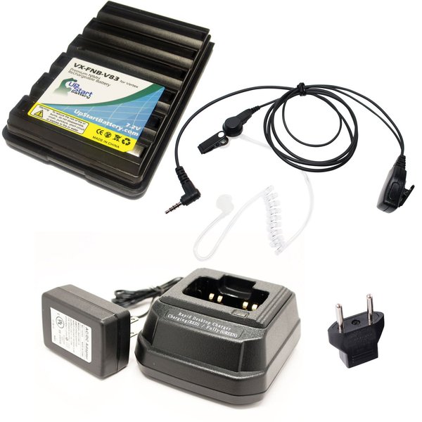 Yaesu/Vertex FNB-V83 Two-Way Radio Battery (1400mAh, 7.4V, Li-ion) + Charger + EU Adapter + FBI Earpiece with Push to Talk (PTT) Microphone Replacement for Yaesu FT-60R, Yaesu VX-5R, Vertex VX-150