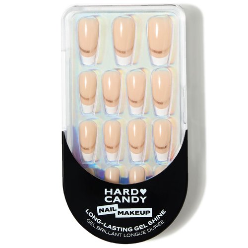 Hard Candy Press On Nails, Reusable with Gel Shine Finish, Gilded, White French Tip, Long Ballerina Nails, includes Nail Glue and Travel Case
