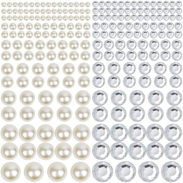 MOLILON 2032pcs Face Gems Jewels Bling Rhinestones Crystals Adhesive Pearl Stickers Stick On Pearls Makeup Jewelry Nail Art Stickers Gems Beads for Hair, Body, Face, Eye (Beige Pearls+Crystal)