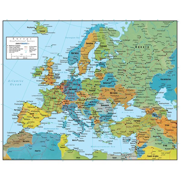Europe Wall Map GeoPolitical Edition by Swiftmaps (18x22 Laminated)