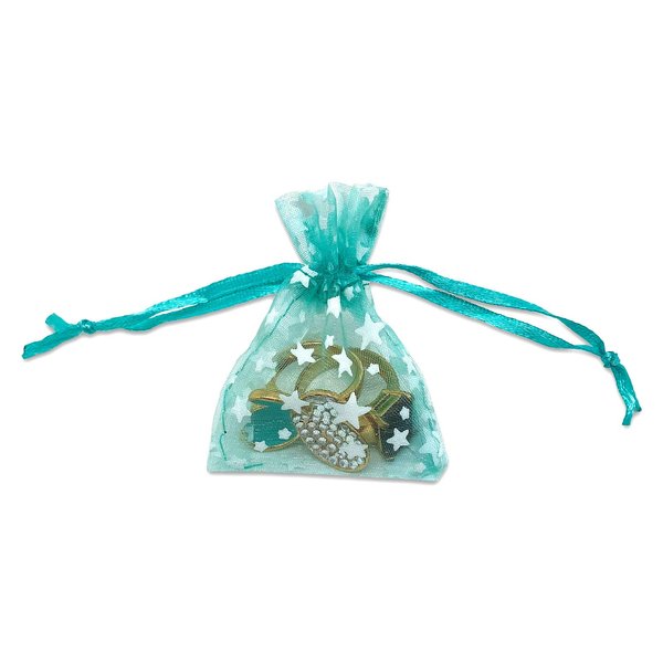 100-Pack 2x2.5 in Sheer Organza Gift Bags with Drawstring (X-Small) - Metallic Stars (Teal/White) - for Wedding Party Favors, Jewelry, Candy, Treats Mesh Pouch by The Display Guys