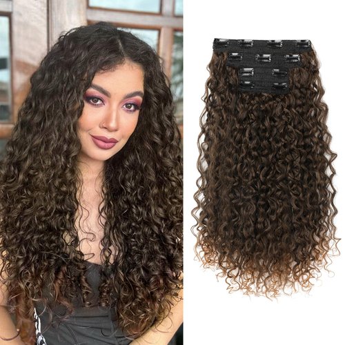 Clip in Hair Extensions, FLUFYMOOZ 4PC 100％ Pure Protein Silk Hair Extensions Long Soft Natural Hairpiece 20 Inch Curly Hair Extension for Women (Black with Copper Golden Blonde)
