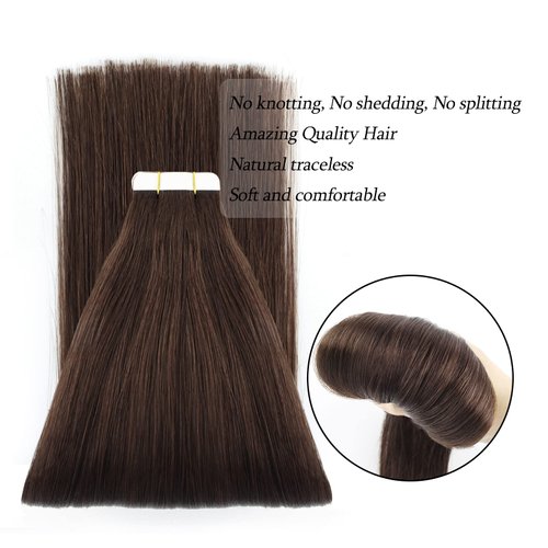 ABH AmazingBeauty Hair Semi-permanent Tape Attached Real Remi Remy Human Hair Extensions Tape in 50g 20pcs Invisible Seamless Reusable Skin Weft Dark Brown Color 2 18 Inch