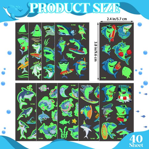 40 Sheets (280 PCS) Luminous Sharks Temporary Tattoos for Kids, Sea Animal Tattoos Stickers Shark Ocean Birthday Party Favors Supplies, Gifts for Shark Goodie Bag Stuffers