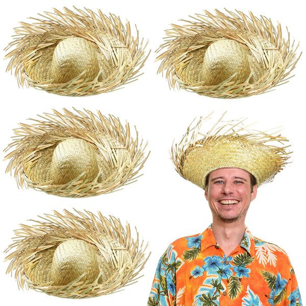 Patelai 4 Pcs Hawaii Straw Hat Beach Hat Costume Accessory Beachcomber Hats for Beach Themed Party Hillbilly Costume Luau Party Headwear (Classic Style)