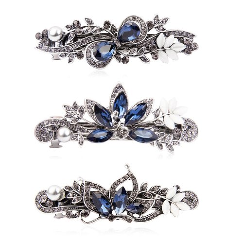 Kicosy Barrettes for Women 3 Pack Vintage Shining Rhinestone Hair Barrettes Metal Flower Butterfly French Clip Faux Crystal Hair clip Spring Hair Barrette,Black and Navy (Pattern-A(3PCS))