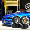 Mxfans 4PCS RC1/10 On Road Car Drift Smooth Wheel Tires & Plastic Plating Golden 12-Spoke Wheel Rims