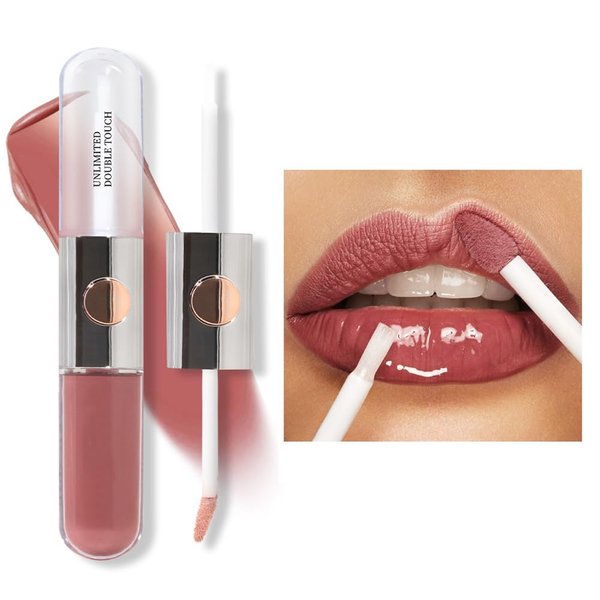 Adurello Matte Liquid Listick with Clear Lip Gloss Double-Touch Moisturizing Lip Stain Color Plumping Waterproof Non-Sticky Cup Lip Gloss (06#)