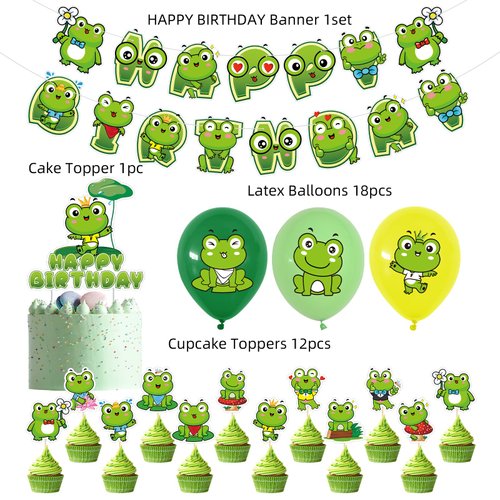 Spring Frog Themed Birthday Party Supplies Safari Birthday Decorations Set with Happy Birthday Banner, Cupcake Toppers, Balloons for Boys Girls Woodland Themed Party Decor