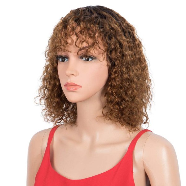 Spotlight Short Kinky Curly Wigs 10 inch Bob Loose Wave Human Hair Wigs for Women Brazilian Virgin Human Hair Wigs with Bangs Natural Looking (Ombre Brown, TT1B/30)