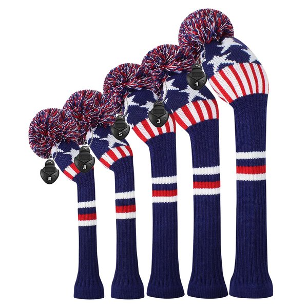 Scott Edward Knit Golf Club Cover with a Pom Set of 5 Blue Stars and Stripes Protect Driver Wood(460cc)*1 Fairway Wood*2 and Hybrid/UT*2 with Rotating Club Number Tags