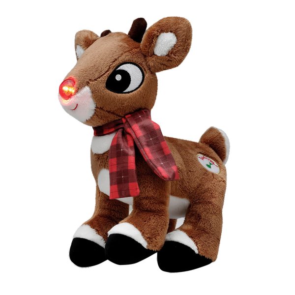 Musical Light Up Plush Christmas Plush Toy, Rudolph with Plaid Scarf, The Red Nosed Reindeer with Sound and Light (10 inch)