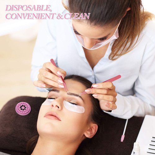 200 Pieces False Eyelashes Glue Holders Pink Flower Shape Glue Pallet Pad with Straight and Curved Tip Tweezers for Eyelash Extension False Lash Application Tools