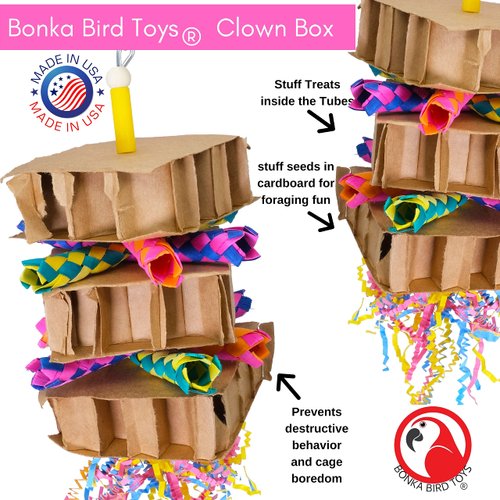 Bonka Bird Toys 3734 Clown Box 11" x 5.50", Medium Parrot Chew Shred Foarage Cage Toy, African Grey, Quaker, Piuonus, and Similar