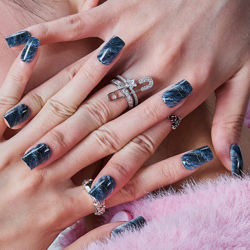 GLAMERMAID Press on Nails Medium Square, Fall Peacock Blue Marble Glue on Gel Nails, 24Pcs Autumn Short Square Reusable UV Finish Fake Nails Acrylic False Nails Manicure Kits for Women Gifts