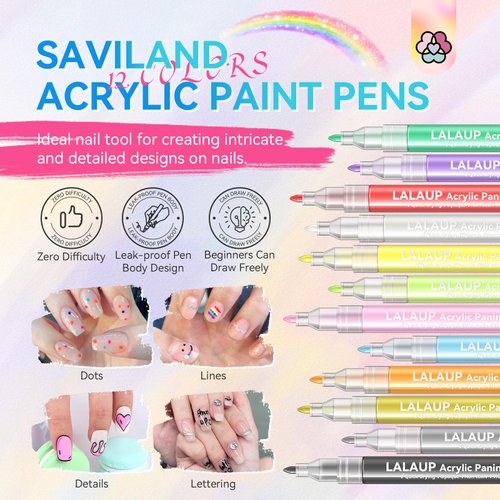 Saviland 12 Colors Nail Art Pens Set - 3D Nail Polish Pens Graffiti Nail Dotting Tools Acrylic Paint Pens Drawing Painting Point Liner Pen for Nails Art Design Manicure Nail Pens for Home & Salon DIY