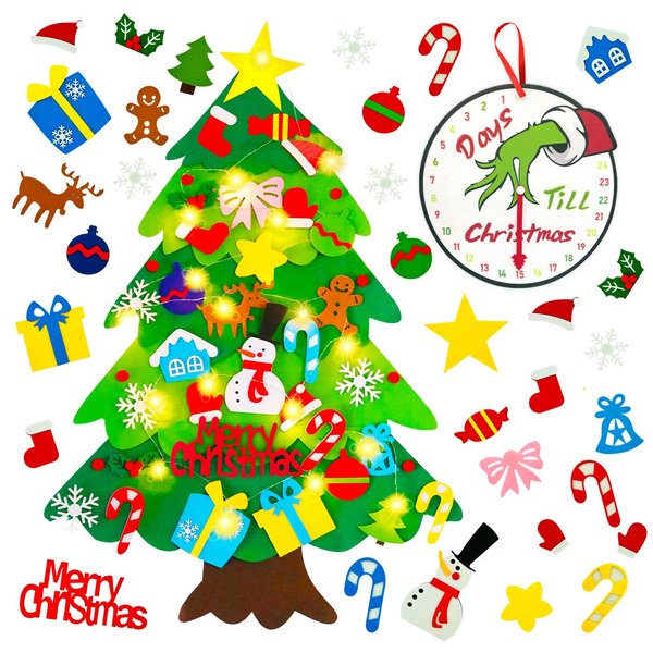 EMPOF Felt Christmas Tree for Toddlers, 3.3 FT Felt Tree for Kids with Lights + Griinchs Advent Calendar + 32 Ornaments, DIY Felt Tree Christmas Decorations Indoor, Kids Activities Christmas Presents