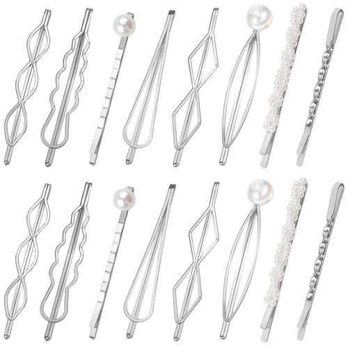 BOYIVI 16PCS Hair Pin Geometric Metal Hair Clip Elegant Hair Barrettes Bridal Silver Metal Bobby Pins Dainty Embellished Bobby Pins for Women and Girl (Silver)