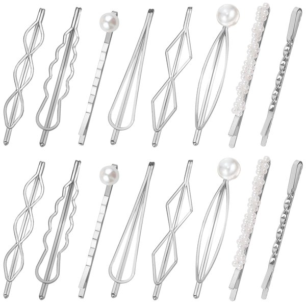 BOYIVI 16PCS Hair Pin Geometric Metal Hair Clip Elegant Hair Barrettes Bridal Silver Metal Bobby Pins Dainty Embellished Bobby Pins for Women and Girl (Silver)